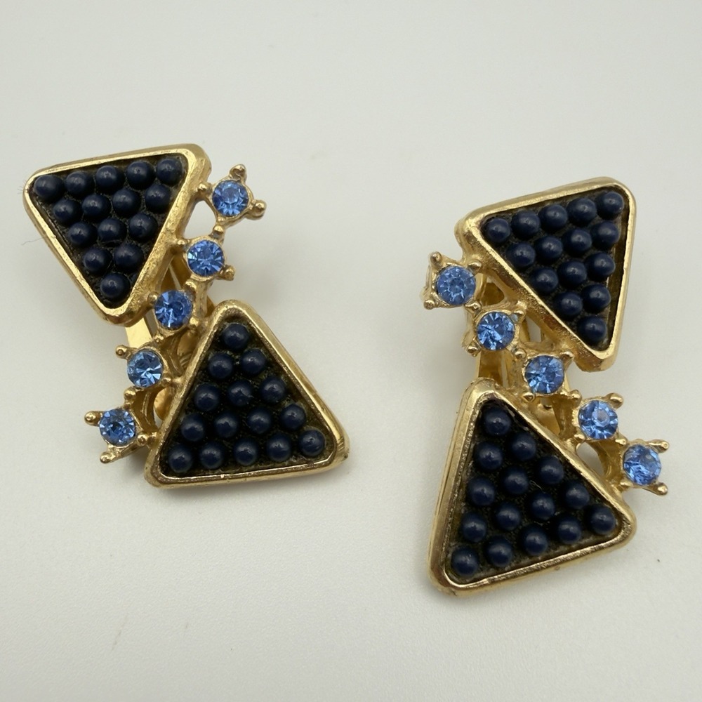 Geometric Clip On Earrings Gold Tone Navy Blue Beaded Light Blue Rhinestone 1.5" - Picture 1 of 9